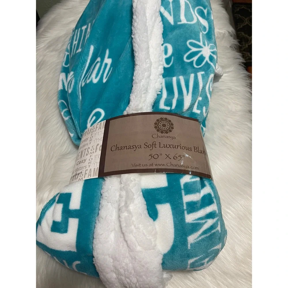 Teal White Plush Sherpa Cozy Fleece Throw HOPE makes all things WORK 50